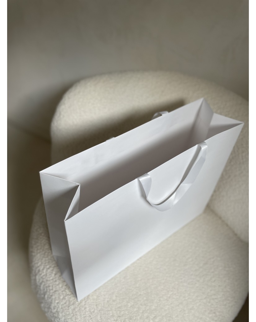 Sac papier Luxe Blanc - poignées blanches - L (45x14x35cm)