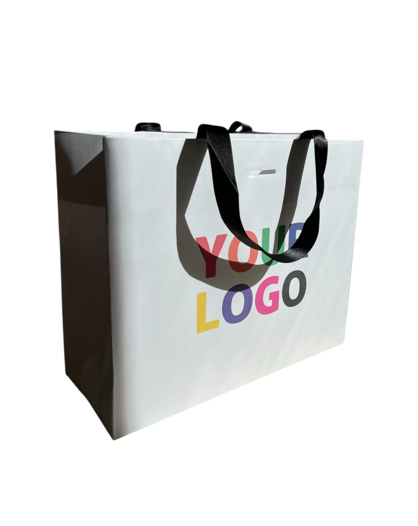 Sac papier Luxe Blanc - poignées noires - L (45x14x35cm)