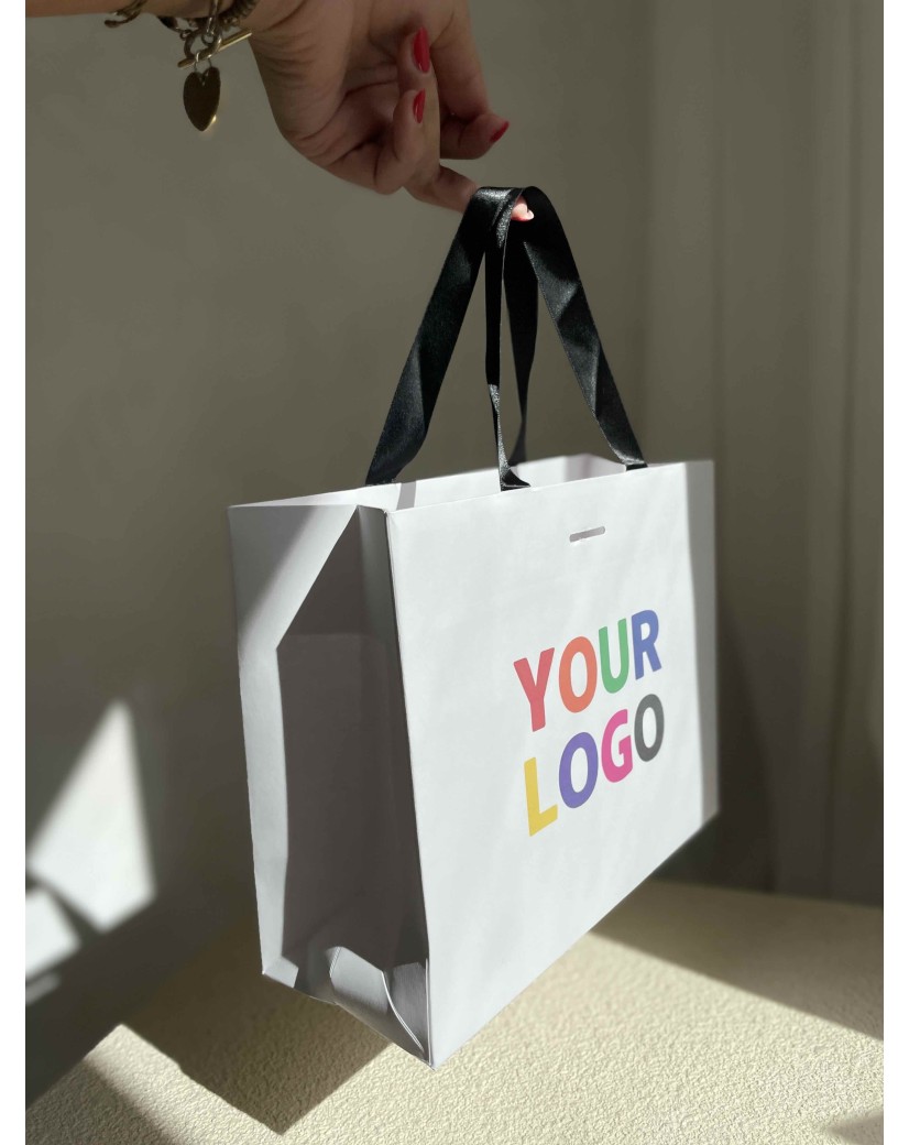 Sac papier Luxe Blanc - poignées noires - S (25x10x20cm)