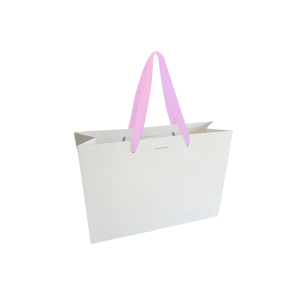 Sac papier Luxe poignée ruban rose - Blanc M sans impression