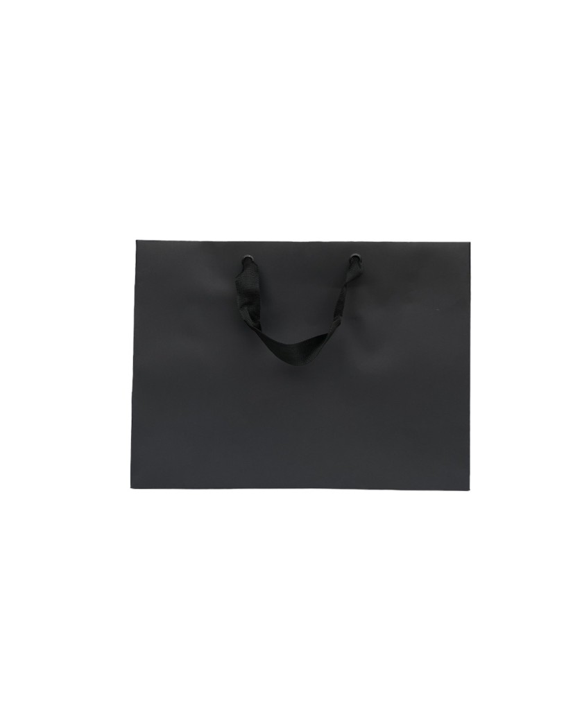Schwarze Papiertragetasche mit schwarzen Satinbändern