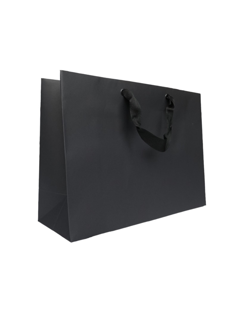 Schwarze Papiertragetasche mit schwarzen Satinbändern