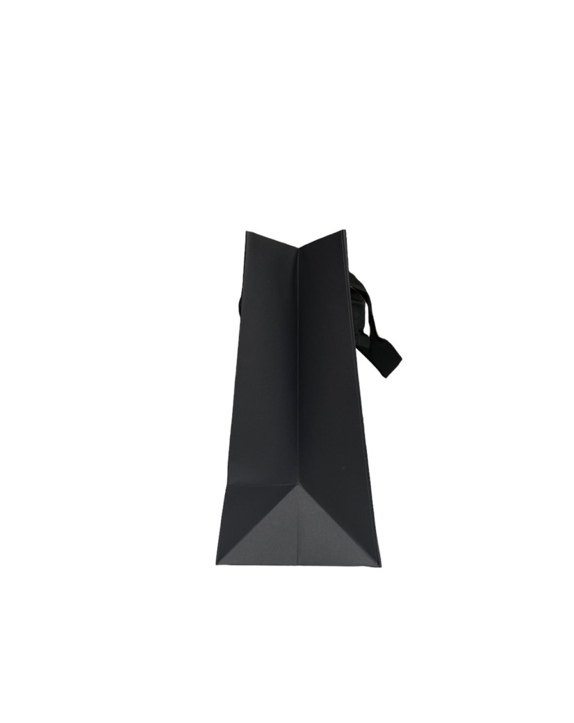 Schwarze Papiertragetasche mit schwarzen Satinbändern