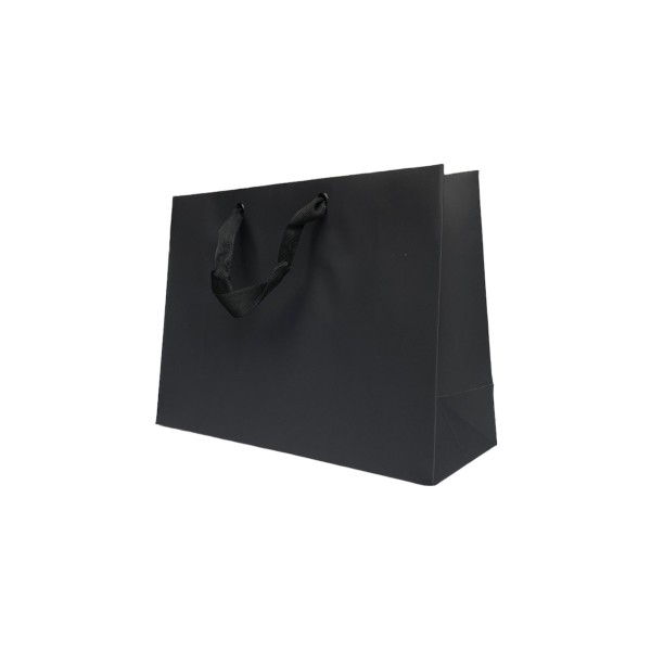 Schwarze Papiertragetasche mit schwarzen Satinbändern