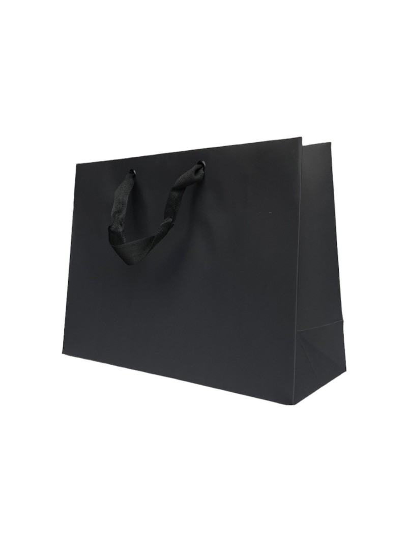 Schwarze Papiertragetasche mit schwarzen Satinbändern