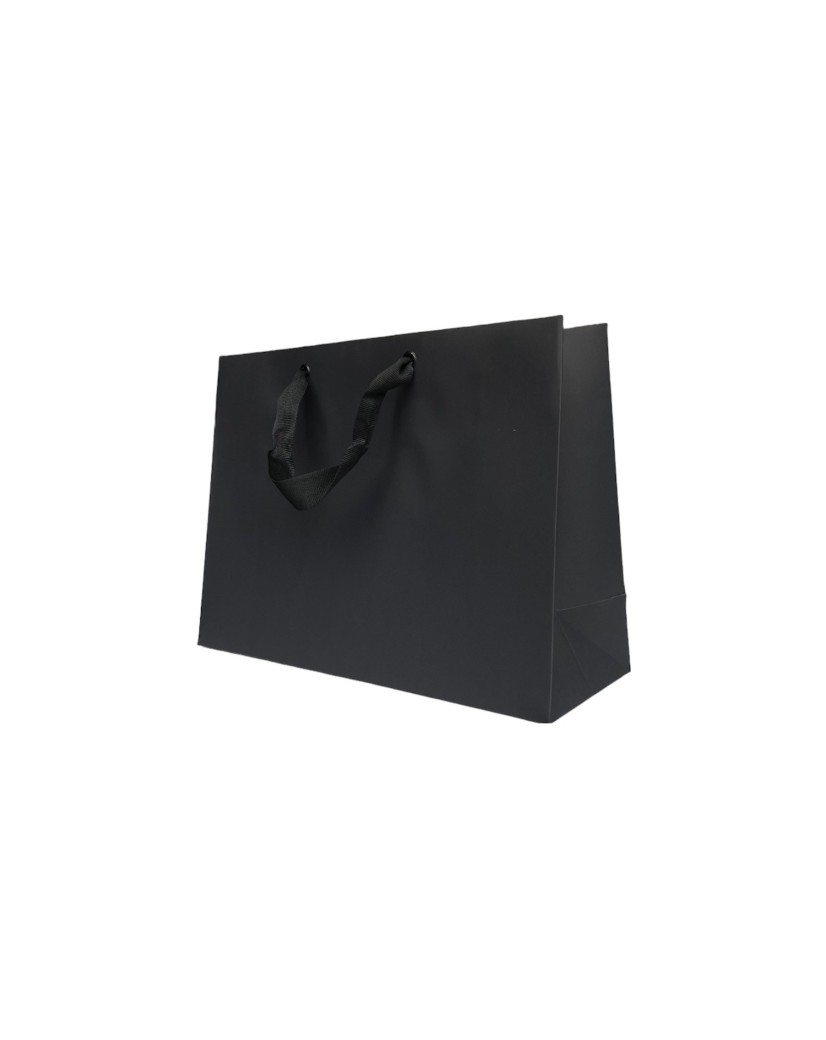 Schwarze Papiertragetasche mit schwarzen Satinbändern