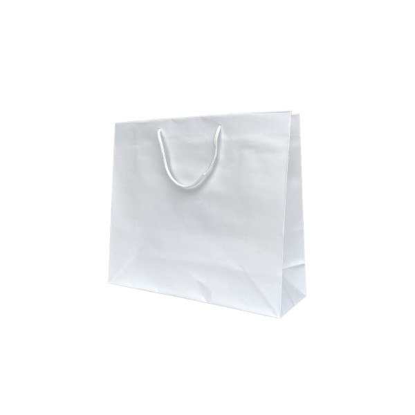 Weißes Papiertragetasche mit weißen Kordelgriffen